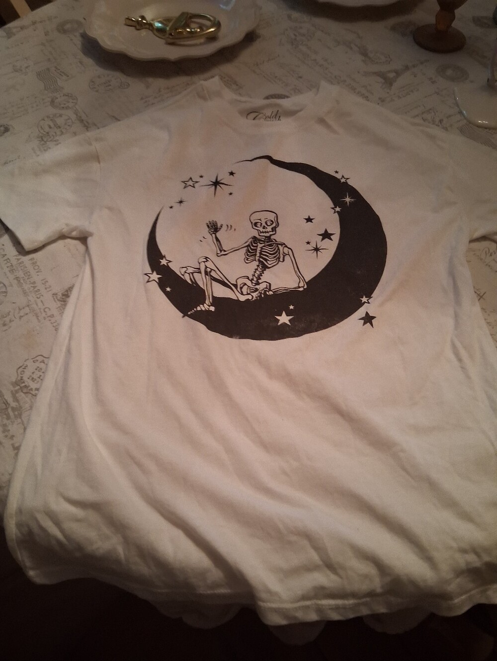 Kids White Graphic Tee with Moon Skeleton Design